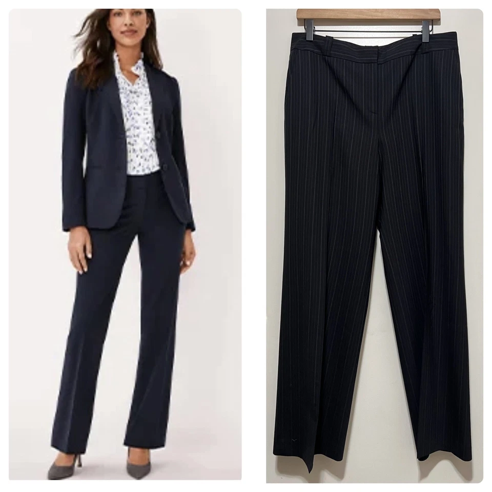 Pantalones Ann Taylor Margo 10 Pantalones Azul Marino Rayas Pierna Ancha Lana Carrera Foto 2 de 4