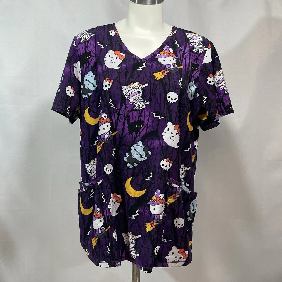 Halloween Hello Kitty Scrub Top Large Purple Night Fun Witch Cat Ghost Mummy - Image 2 of 4