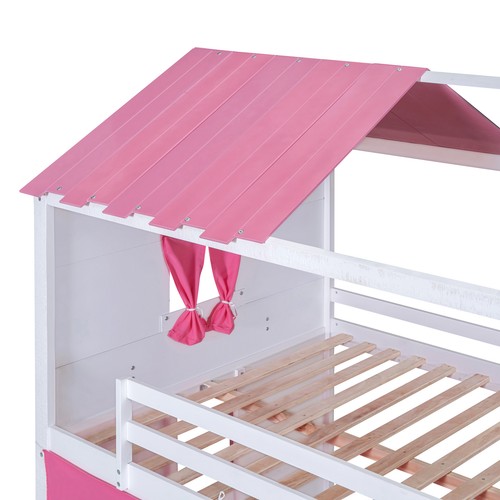 Full Size Bunk Wood House Bed with Elegant Windows, Sills and Tent, Pink+White - Picture 10 of 12