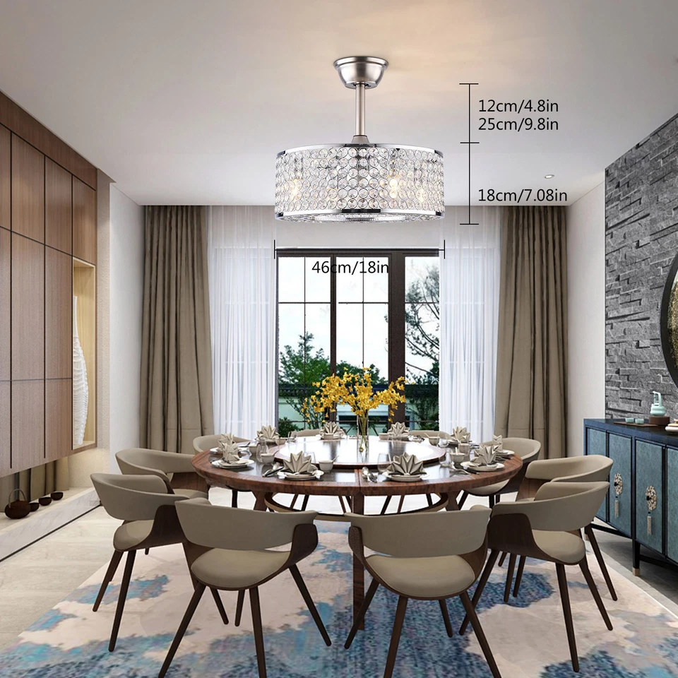 18"Ceiling Fan Lamp Flush Mount Crystal LED Caged Chandelier Bladeless w/ Remote - Image 2 of 4