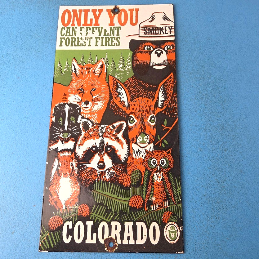 Vintage Forest Service Sign - Smokey Bear Colorado Wilderness Gas Porcelain Sign