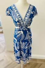 Farm Rio blue and white floral midi dress small cutouts at the waist Tie Belt M