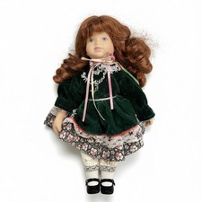 Vintage Porcelain Doll Red Hair Green Velvet Dress Floral Underskirt Collectible