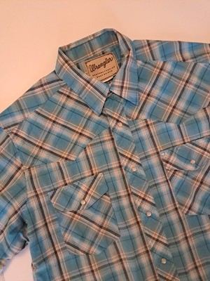 Vintage Wrangler Mens Pearl Snap Shirt Sz XL Turqouise Plaid Western Cowboy 