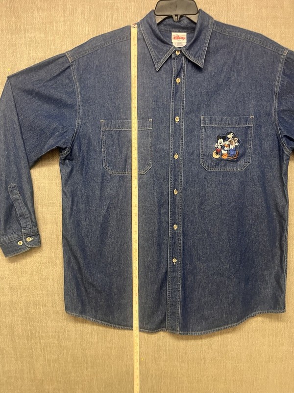 The Disney Store Men's L Blue Denim Button-Up w/ Embroidered Mickey Donald Goofy