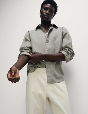 Marks & Spencer Mens Grey Linen Regular Long sleeved Shirt - M&S