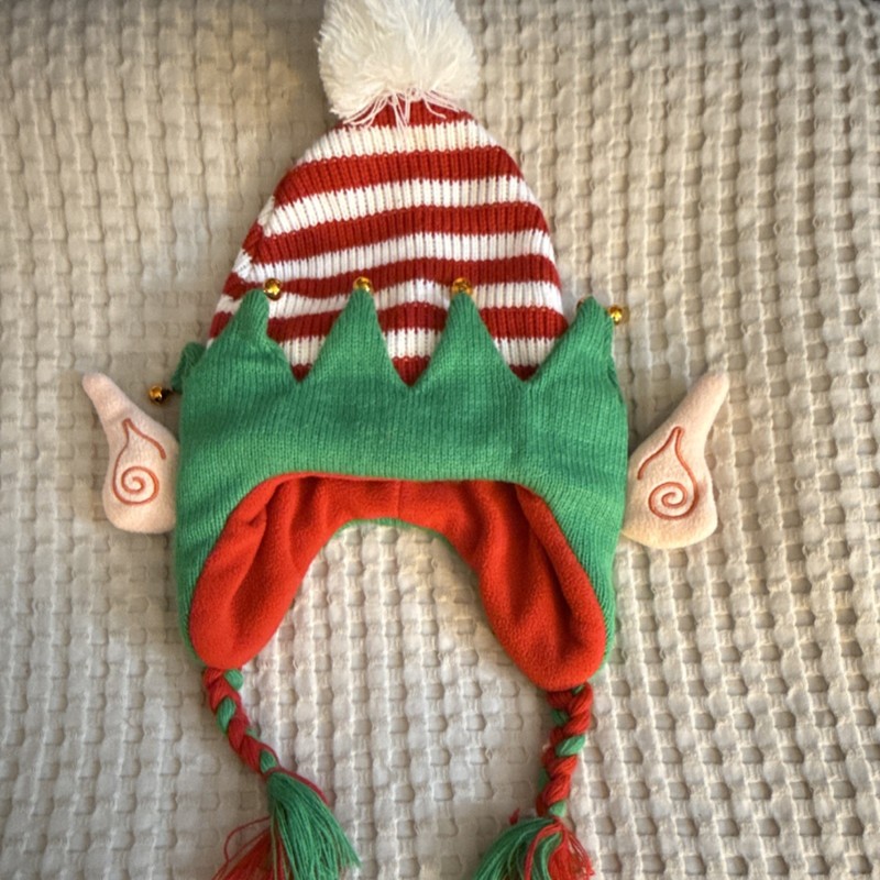 Elf Hat Costume Adult Unisex Red White Striped Green with Ears Braids Bells
