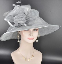 Elegant Silver/Grey Sinamay Wide Derby Hat Kentucky Derby,Wedding Ascot Hat