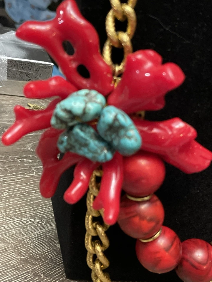 Collar grueso con cuentas de turquesa roja cadena dorada estilo coral babero Foto 2 de 4