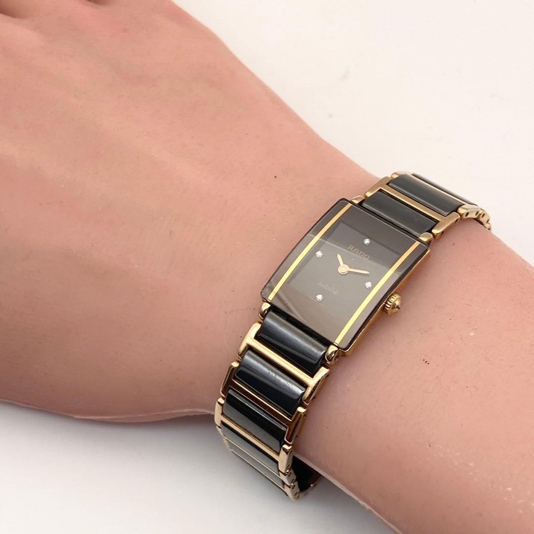 RADO Watch Jubile Square Quartz Black Diamond 4P Gold Tone 18mm