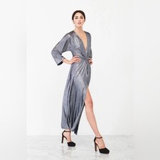Reformation Vesta Metallic Silver Maxi Dress M Deep V Evening Holiday Party