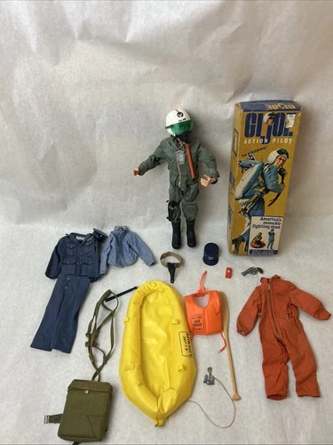 Vtg 1960s GI JOE Action Pilot Set Orange, Scramble, Liferaft, Dress Gun, W/Box