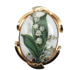 Vintage Lily of The Valley Print Milk Glass BroochPendantOvalGreenWhite