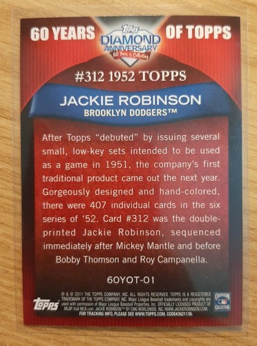 2011 TOPPS 60 YEARS OF TOPPS JACKIE ROBINSON #1 BROOKLYN DODGERS - Picture 2 of 2
