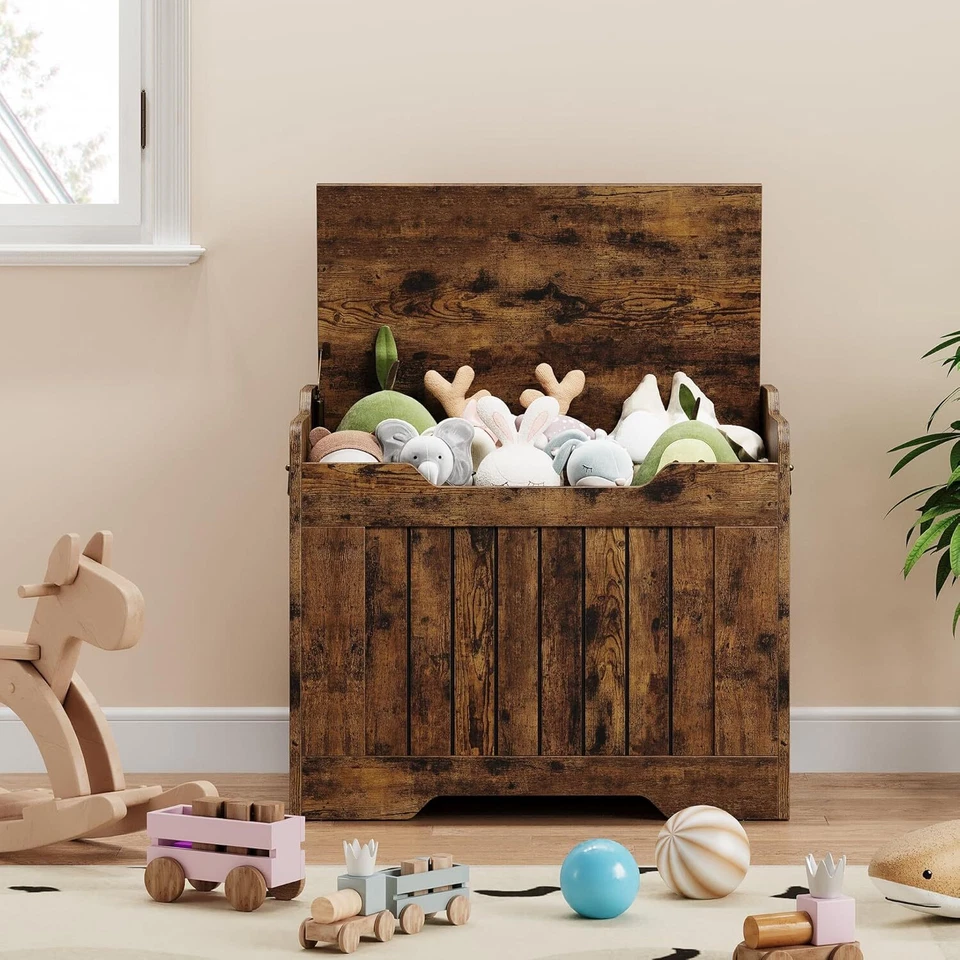 Cofre de juguete pequeño de 24,8" caja de juguetes de madera para niños niñas cofre de almacenamiento con bisagra de seguridad Foto 2 de 4