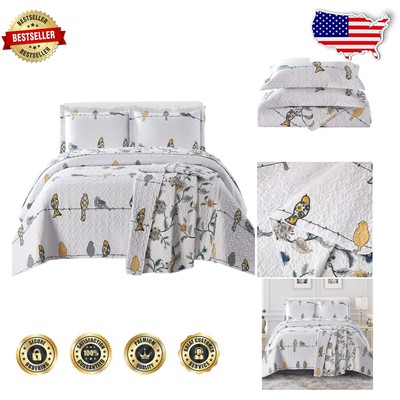 Ayat Birds King Reversible Quilt Set - Oversized 3pc Coverlet, 110x96 inches