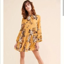 Anthropologie Tie Neck Print Longsleeve Babydoll Dress Size S D07