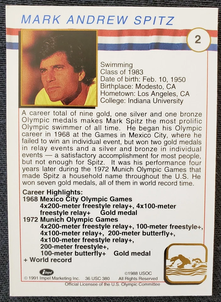 1991 Mark Spitz Juegos Olímpicos de Estados Unidos Oro 1968 Ciudad de México + 1972 Munich Impel Card #2 Foto 2 de 4