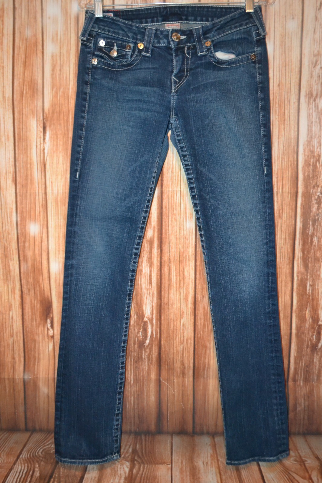 True Religion Women's Billy Straight Pocket Flaps Blue Denim Jeans Sz 29x32 thumbnail 4