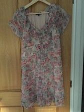 CHIFFON PALE PINK/BLUE DITSY FLORAL RUFFLE DRESS BY WAREHOUSE - UK 12