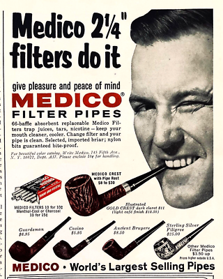 tobacco for pipe smoking MEDICO FILTER PIPES—SMOKING TOBACCO—VINTAGE 1960s ADEVERTISEMENT—PRINT AD