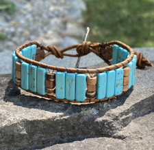 Men's Beaded Bracelet Turquoise Tiger Jasper Beaded Brown Leather Cuff Bracelet