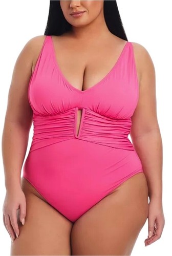 Bleu by Rod Beattie Plus Size 18W Pink Bling Ruched One-Piece Swimsuit NWT - Picture 2 of 10