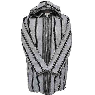 Marokkanische Wollmischung Grau Schwarz Gestreift Baja Jerga Jacke Hoodie Festival Hipp...