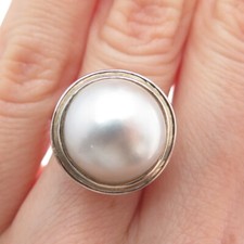 925 Sterling Silver Vintage Real Pearl Oxidized Ring Size 5.25