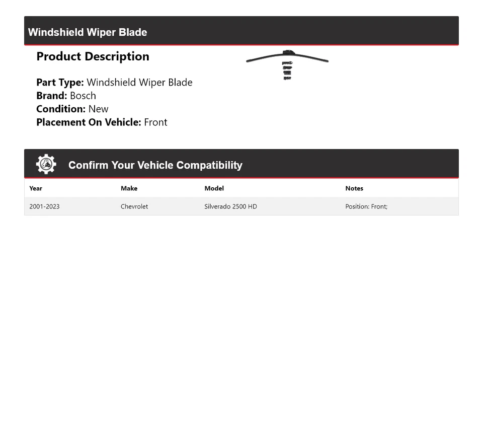 For 2001-2023 Chevrolet Silverado 2500 HD Bosch Windshield Wiper Blade Front - Image 2 of 4