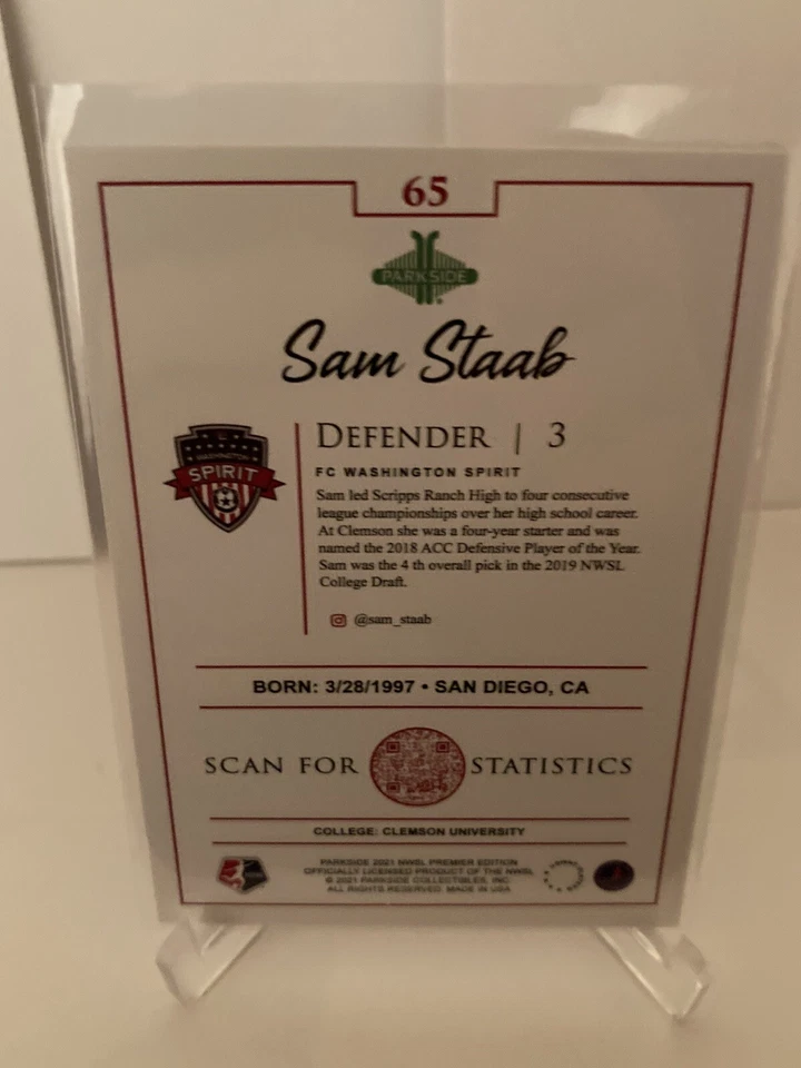 2021 PARKSIDE NWSL PREMIER BASE SAM STAAB #65 FC WASHINGTON SPIRIT - Image 2 of 2