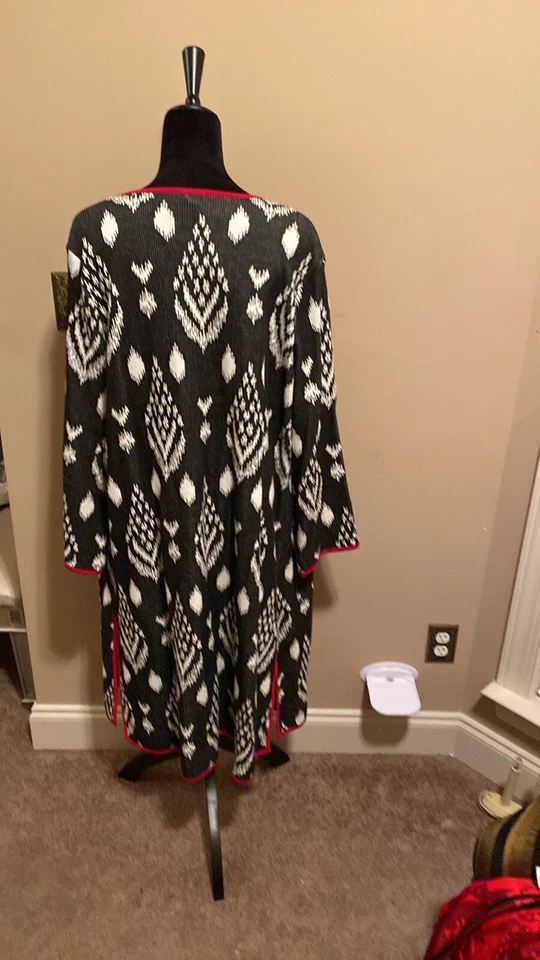 Cárdigan Suéter, Grande, Negro/Rojo/Blanco, Frente Abierto, NUEVO Foto 2 de 4
