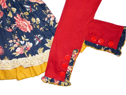 NWT GIRLS 6-7, 7-8 MAGENTA RUFFLE SLEEVE, NAVY FLORAL TUNIC & PANTS SET - Picture 2 of 6