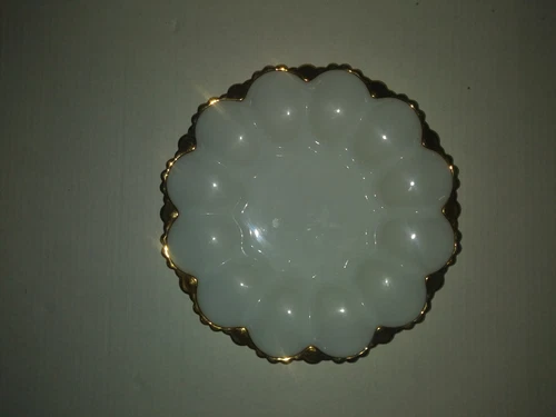 Anchor Hocking Deviled Egg Milk Glass  Plate with Gold Trim 10"