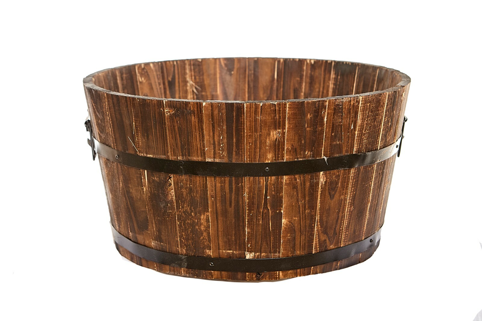 Rustic Round Garden Plant Planter Wooden Barrel Pot Burnt Wood Large 49cm x 26cm