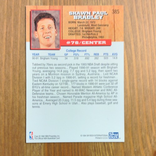 Shawn Bradley 1993-94 NBA Hoops #385 RC Rookie - Picture 2 of 2