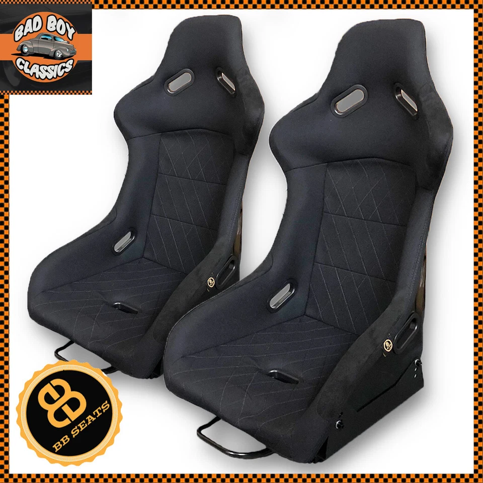 Pair BB5 Wide Diamond Stitch Fixed Fibreglass Racing Bucket Seats + Runners