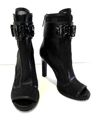 NEW Karl Lagerfeld Black Blayze Embellished Strap Peep Toe Heels Boots Womens 6M