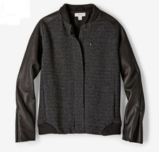 Fossil Black Wool Leather Bomber Zip Up Jacket Coat Size Xs