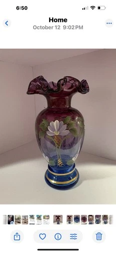 Fenton Mulberry Honor Collection Hand Painted Vase Ruffled Rim