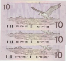 CANADA 1989 TEN DOLLAR BANK NOTE UNC SERIAL #BDP3748335&6&7 3 NOTES