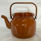Vintage MCM Tea Kettle Teapot Brown Enamel Wood Handle and Lid Finial