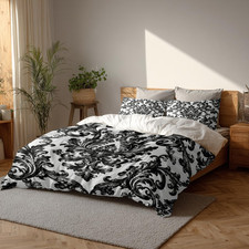 Elegant Black White Floral King Size 3-Piece Duvet Cover Set