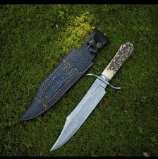 Custom Handmade Bowie Hunting Knife Stag Horn Handle With Premium Leather Sheath