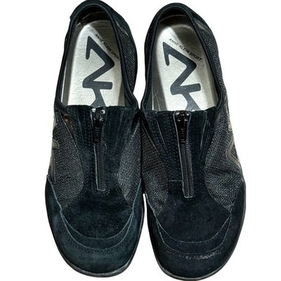 Anne Klein Sport Anna Black Suede Mesh Front Zip Slip On Sneakers Womens 9M
