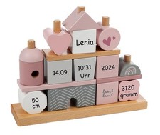 Label Label Holz Stapelspiel Haus Rosa – Personalisiert mit Namen und Geburtsdat