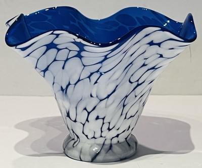 Vintage KROSNO JOZEFINA Polish Cobalt Blue & White Glass Ruffled Vase