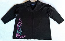 Susan Graver Womens Beautiful Black Floral Embroidered Zip sweater size 3X