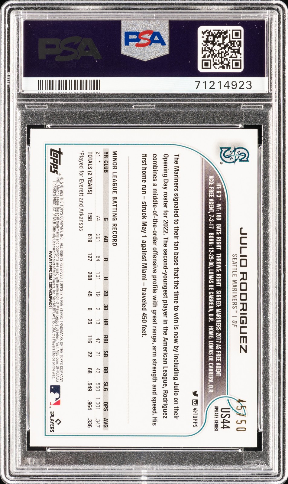2022 TOPPS UPDATE MOTHER'S DAY HOT PINK JULIO RODRIGUEZ ROOKIE RC 45/50 PSA 9 view 2