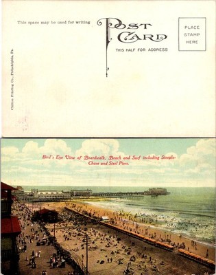 Vintage Postcard Birds Eye View of Boardwalk Beach Surf Steeple-Chase Steel Pier
